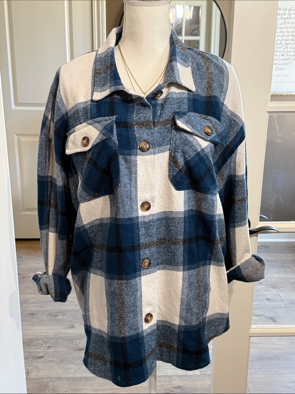 SHEIN Blue & Cream Plaid Flannel Oversized Shacket Jacket S Cottagecore Casual